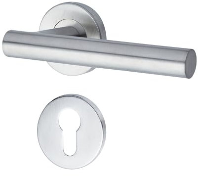 Yale Set di maniglieT-Shape in acciaio inossidabile per porta con rosetta per cilindro europeo 35-S1TS-RRCY-88-3101, satinate, design moderno, adatto per porte interne ed esterne