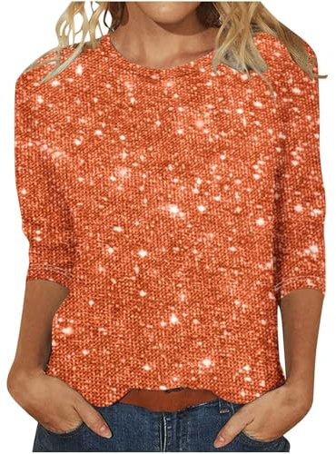 Haut imprimé à paillettes pour femme – Sweat-shirt habillé décontracté à paillettes – Sweat-shirt à col rond à manches 3/4 – Chemises de soirée graphiques scintillantes, Orange, M