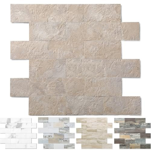 OYASIMI 10 Pieces Beige Stone Stick on Tiles Kitchen Backsplash, 13.5X11.4 PVC Wall Tiles, Self Adhensive Splashback for Kitchen & Bathroom