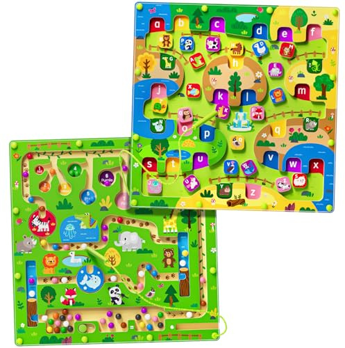 Labyrinthe magnétique 2 en 1 pour Voiture - Tableau de comptage magnétique Alphabet - Puzzle en Bois Double Face - Jouet préscolaire Montessori (Grand Zoo, Taille Unique)