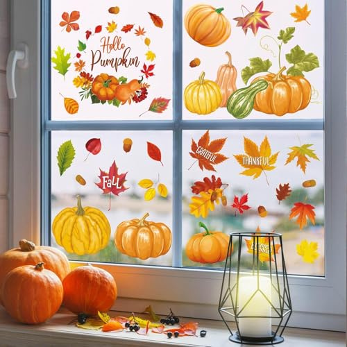 70pcs Autumn Window Stickers 9 Sheets Pumpkin Leaves Window Stickers for Autumn Decorations Home Decor