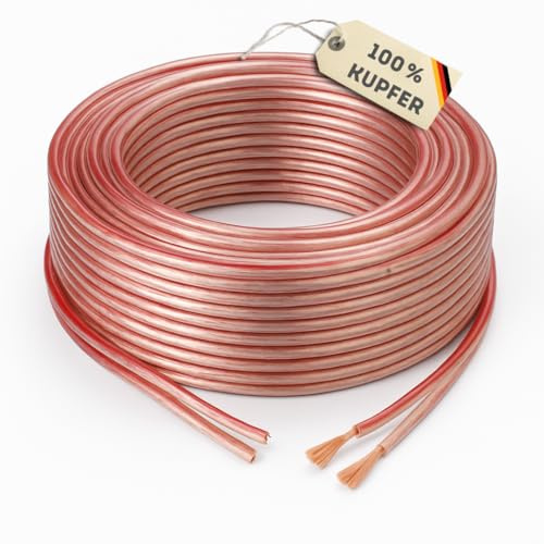 Quality-Collection Högtalarkabel 2 x 1,5 mm² | 100 meter | Ren koppar OFC | Transparent med röd markeringsremsa | Flexibel och robust | för hifi, surround, hemmabio, bil och studio