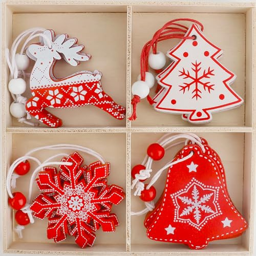 Adornos Arbol Navidad, 12 Piezas, Adornos De Árbol De Navidad Rojo Y Blanco De Madera, Christmas Ornaments, Colgante De Madera con Cordón, Accesorios para Fiestas Navideñas Y Adornos para Árboles