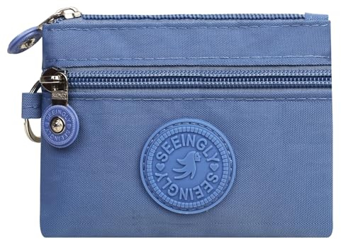 HYJMA Portable Coin Purse Pouch for Women, Dual Zipper Small Wallets Purse Nylon Card Holder with Keychain (Light Blue)