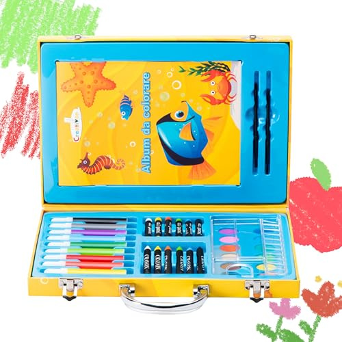 CREATIVON Set artístico de 37 piezas – Maletín creativo con rotuladores, ceras de cera, ceras al óleo, acuarelas, pinceles y álbum para colorear