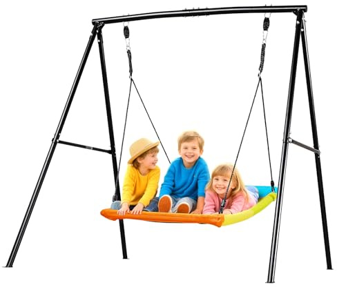 VEVOR Swing Set for Backyard, 60 x 32 in Swing Seat with Heavy Duty A-Frame Metal Stand, 440 lbs Load Capacity, Reinforced with Spiral Ground Anchors, Swingset Outdoor for Kids, Black and Colorful