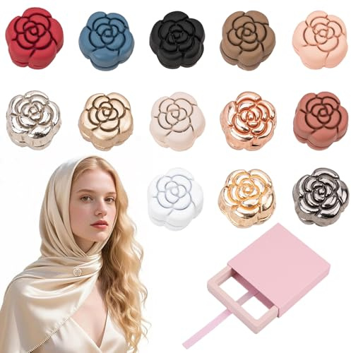 PYRUVAE 13 Sets Spille Magnetiche Hijab A Forma Di Fiore Hijab Pin Magnetico Con Scatola Portaoggetti Spille Multiuso Senza Fori Per Donne Hijab Sciarpe Vestiti (13 Colori)