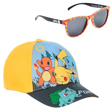 Pokemon Baseball Cap inkl. Sonnenbrille, Kappe Schirmmütze für Kinder Jungen Cappy mit Klettverschluss, verstellbar, Gr. 52 54 Sonnenschutz (DE/NL/SE/PL, Numerisch, 52, Gelb)