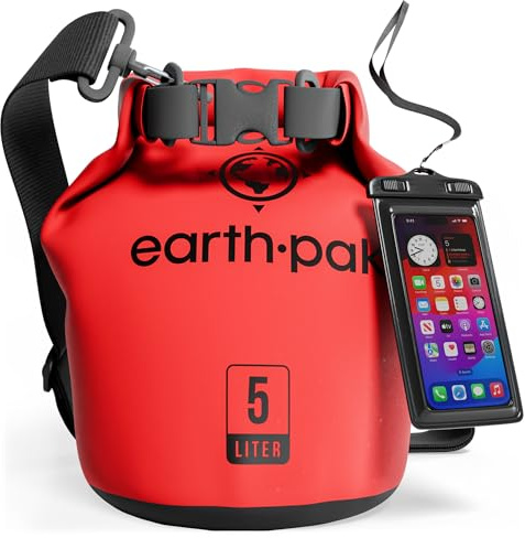 Earth Pak -Waterproof Dry Bag - Roll Top Dry Sack Keeps Gear Dry for Boating, Hiking, Camping and Fishing with Waterproof Phone Case (Red, 10L)