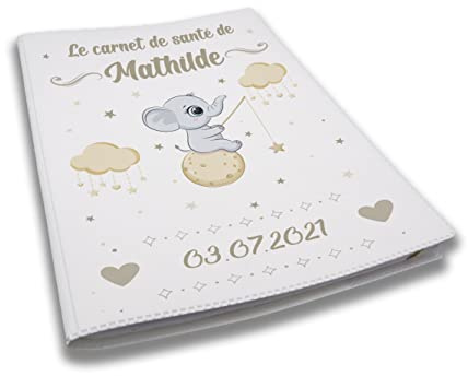 Protège carnet de santé personnalisé, idée cadeau personnalisable bébé, cadeau naissance original, Couverture Éléphant Lune - CL 0007a (Blanc)