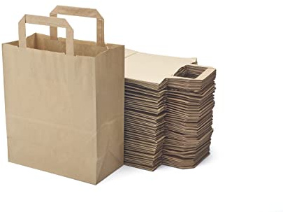 Miamex Lot de 50 Sacs Marrons Cabas en Papier Kraft avec Poignées Plates – 21 x 11 x 25 cm – Solide pour les Courses Emballage cadeau pour anniversaire, fêtes, mariage.