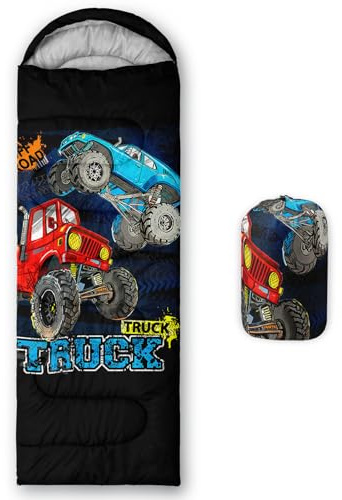 QOOMO Truck Printed Camping Sleeping Bags,3 Season Warm & Cool Weather,Lightweight,Waterproof Sleeping Bags for Adults & Kids,Traveling,and Outdoors,Camping Gear Equipment,31x90inch