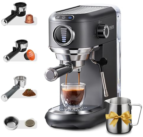Espressomaskin med mjölkskummare, 15 bar kaffemaskin cappuccinomaskin med visuell tryckmätare för cappuccino och latte 1450 W silver