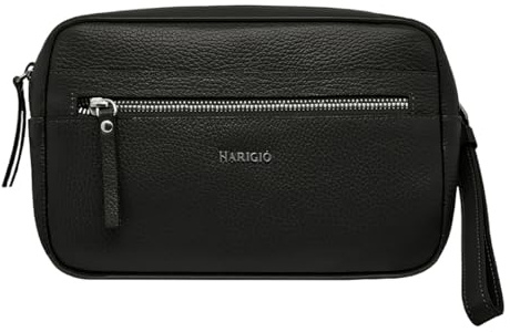 Harigiò ® Sac pour Homme en Cuir Véritable Pochette de Couleur Noire avec Poignée de Poignet et Dragonne Pochette Poignée Amovible avec Mousqueton Fabrication Fabriquée en Italie