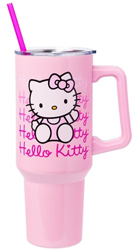 Silver Buffalo Sanrio Hello Kitty Stainless Steel Tumbler with Handle and Straw Fits Standard Cup Holders 38L