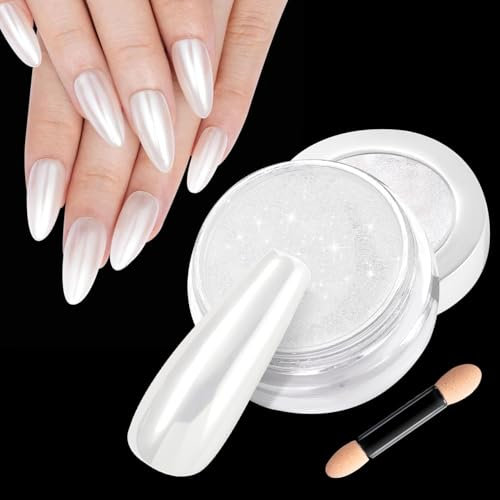 BISHENGYF Perle Chrome Nail Powder【2g Hohe Kapazität】Weiße Glassy Pearl Effect Nagelpuder, Aurora Ice Cromepulver Nägel, Glazed Donut Glitzerpulver Nail, Spiegeleffekt Pigment für Nägel, DIY Maniküre