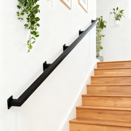Shineforu 14FT Industrial Iron Stair Railing Indoor Wall Mounted, Black Hand Rails for Indoor Stairs, 500 lbs Load Capacity, 4 Sections