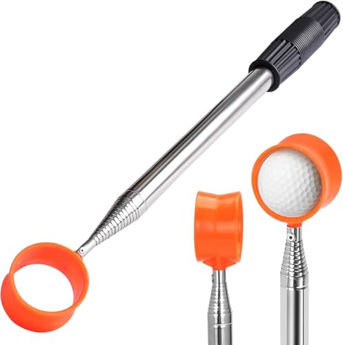 Rolcheleego Canne de golf télescopique jusqu'à 5,5 m, tige en aluminium avec panier en nylon, accessoire de golf pour ramasser les balles de golf, Argenté/orange, 15FT, aluminium
