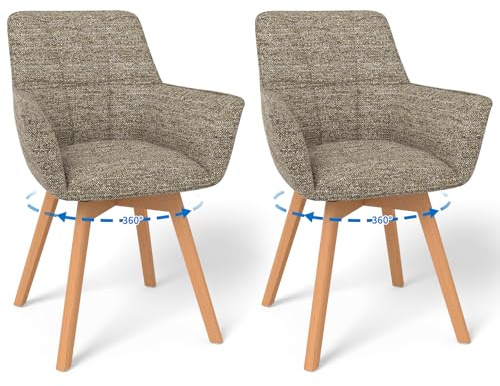 WAFTING Lot de 2 Chaises de Salle à Manger Pivotantes 360°, Chaises Tournantes avec Accoudoirs et Pieds en Bois, Tissu en Coton, pour Salle à Manger, Cuisine, Salon, Chambre, Marron