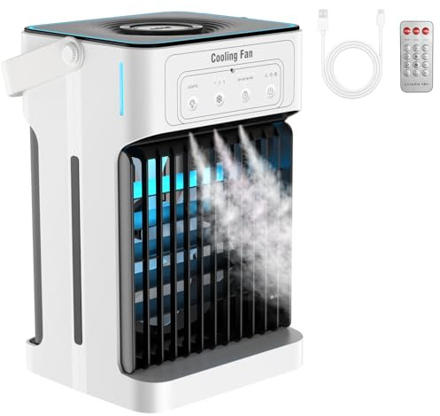 Mini Condizionatore Portatile, 1100 ml Raffreddatore d'aria, 3 Velocità e 3 Modalità di Nebbia, 2-8H Timer e 7 LED Condizionatore Portatile Senza Tubo per Camere, Auto,Camper, e Uffici (10W)