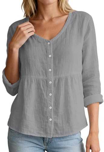 Zanisouta Blusa de muselina para mujer, ligera y ventilada, camiseta de manga larga, blusa de verano, elegante, túnicas, algodón y lino, transpirable, blusas de verano de secado rápido, O gris., M