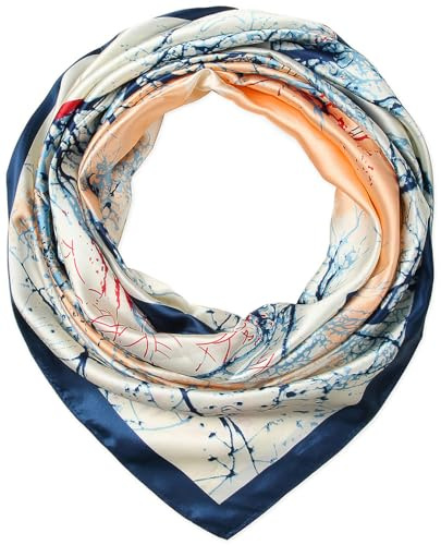 corciova 35 x 35 Large Bandana Women Satin Tie Square Headband Silk Like Hair Scarf Wrap Headscarf Prussian Blue Beige Trees