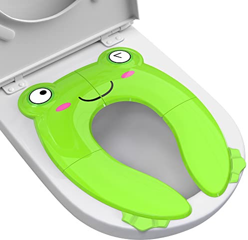 Tragbarer Töpfchensitz für Kleinkinder, Reisen, faltbar, rutschfest, Töpfchentraining, Toilettensitzbezug für Jungen und Mädchen, Baby, Kinder, mit Tasche mit Kordelzug (grüner Frosch)