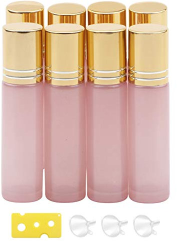 NewZoll 8 st glasrullar på flaskor 10 ml (1/3 oz) Rullflaskor för eteriska oljor flaskor flaskor med rullande flaskor behållare för hudvård kosmetika aromaterapi parfym med guldlock (rosa)