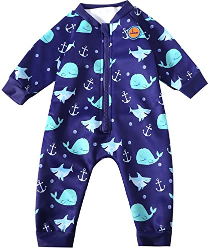 Swimbubs Baby Swimming Warm Suit Boys Fleece Lined Wetsuit Girls UV UPF50 Sun Protection Swimsuit (0-3 Months, Blue Whale)