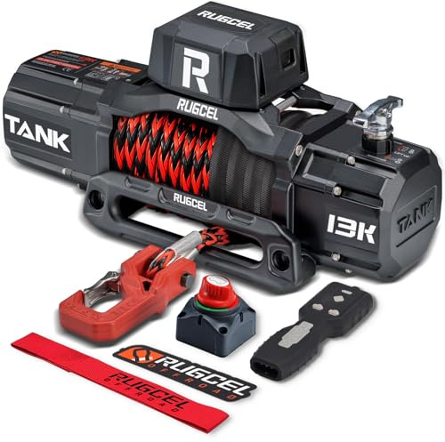 RUGCEL WINCH Cabrestante de cuerda sintética de 12 V, impermeable, control remoto inalámbrico 2 en 1, para SUV, camión y remolque, serie TANK