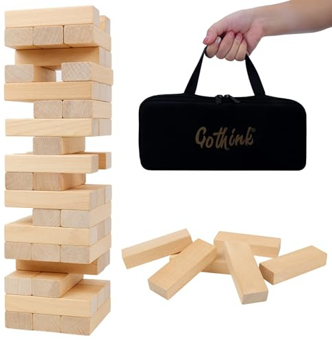 GOTHINK Tumble Tower Game for Kids and Adults, 54pcs Wooden Board Stacking Game for Family Games Night, Classical Wood Blocks Game, Standard Size with Storage Bag