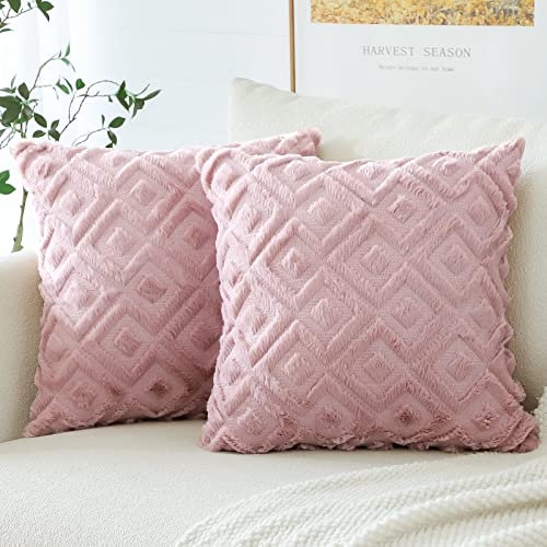 Artscope 2er Set Wolle Kissenbezüge Weicher Plüsch Kurzer Wollsamt Dekokissenbezuge Luxuriöses Sofakissen Boho Kissenhülle für Sofa Schlafzimmer Geometrische Rosa, 40x40cm