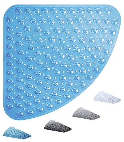 ADOV Tappetino Doccia Antiscivolo, Tappetino da Bagno Antiscivolo Curvo 54x54cm, Tappetino Quadrante in Gomma Pavimento Bagno Doccia, Tappetini Bagno Settori Lavabili in Lavatrice con Ventose- Blu