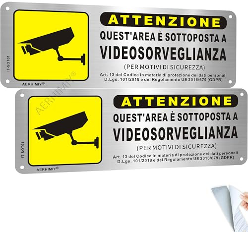 Cartello Area Videosorvegliata Alluminio Spazzolato 25x9 cm, Impermeabile, Antiruggine, Con Adesivo e Fori