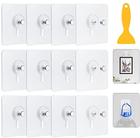 Adhesive Picture Hooks, Transparent Waterproof Picture Hanging No Nail, Heavy Duty Picture Hangers with Scraper for Pictures, Frames and Wall décor, Max 5kg (12)