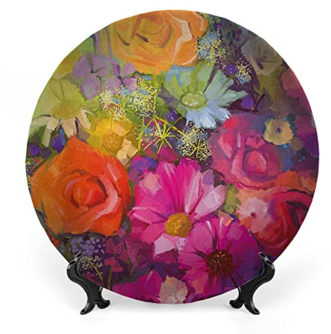 LIGUTARS Decorative Plates, Floral Print Ornament, Vibrant Flower Bouquet with Daisy Peony Gerbera, 10 Inch, Kitchen Wall Decor, Multicolor