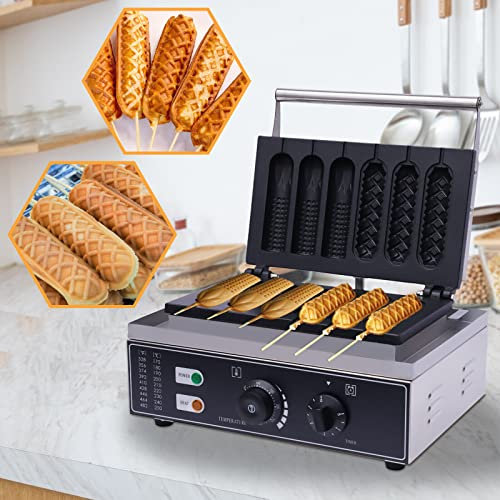 Macchina per Waffle e Hot Dog, 1500W Elettrodomestico da Cucina con 6 Piastre Antiaderente, Acciaio Inox, Temperatura Regolabile 50-300°C per Cucina Domestica e Commerciale