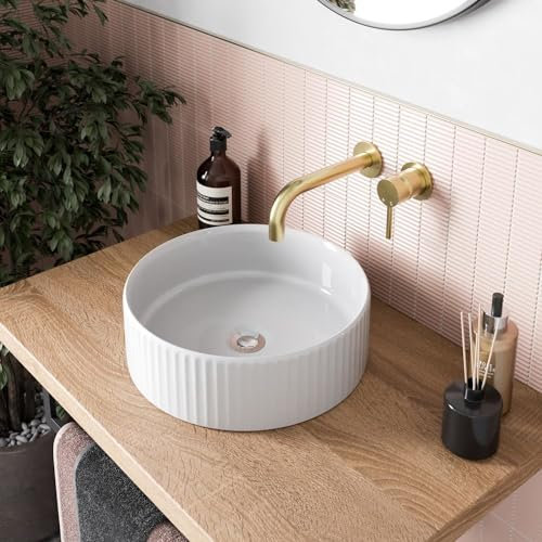 BAYSTONE® Fluted Countertop Basin for Bathroom and Cloakroom Hand Wash Basins Sink Modern White Gloss Round, 360 x 360mm