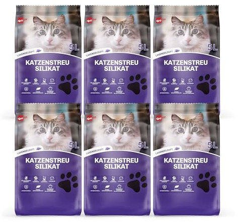 JanPet Katzenstreu 30L (6 x 5L) – Staubfrei, Keine Klumpen, Lavendelduft, Saugstark, Geruchsbindend, Feinkörnig, Sanft zu Katzenpfoten, Hygienisch für Katzentoiletten