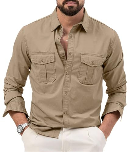 seiveini Chemise de Randonnée Homme Manches Longues Chemisier Fonctionnelle pour Pêche, Ourdoor, Trekking, Tactique Cargo Vintage A Kaki M