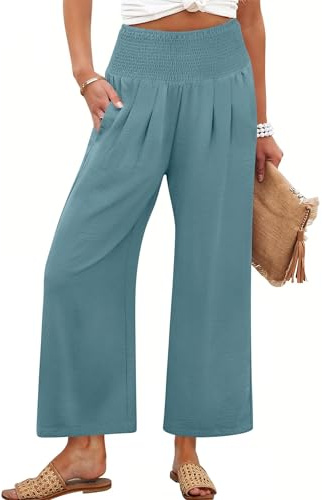 ANRABESS Womens Pants Wide Leg High Waisted Palazzo Pants Summer Flowy Beach Lounge Casual Trousers with Pockets Lake Large