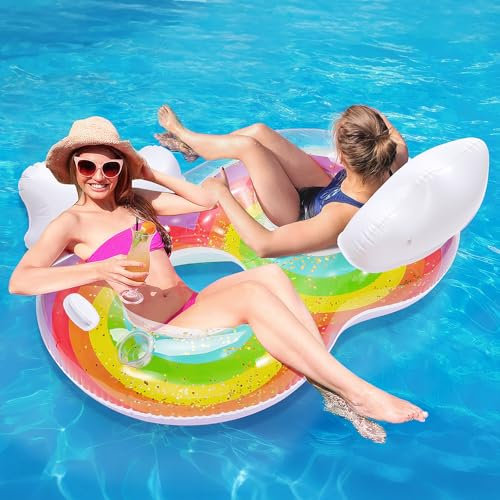 MoKo Bouée Gonflable avec 2 Places pour Adultes en PVC, Matelas de Piscine Gonflable avec Porte-Gobelets et Poignées, Chaise de Piscine Longue pour Parc Aquatique Plage, Arc-en-Ciel et Nuages