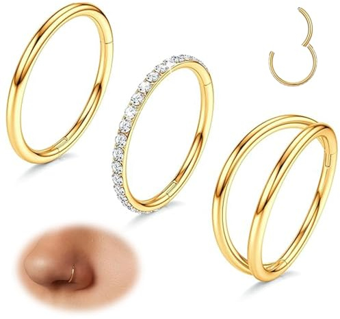 BelleVive 3 näsringar, dubbla näsringar, 316L kirurgiskt stål, 18G, gångjärn, CZ-piercingsmycken, septumklicker, broskörhängen, propeller, tragus, daith, 8 mm, Guld, L