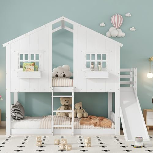 Etagenbett Kinderbett 90x200, Hochbett Hausbett für 2 Kinder, Stockbett mit Rutsche&Leiter&Fenstern&Dach&Aufbewahrungsbox, Doppelbett Holzbett mit Lattenrost&Rausfallschutz, Kiefer, Ohne Matratze,Weiß