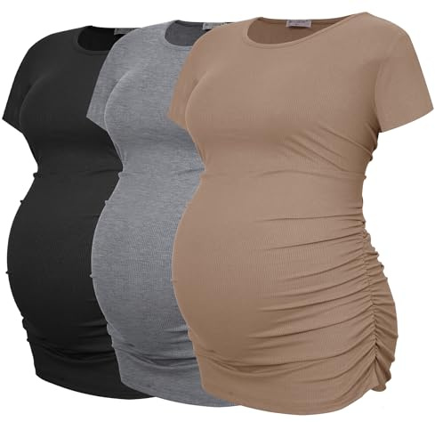 Smallshow Women's Maternity Clothes Ribbed Side Ruched Pregnancy Tops 3 Pack,Black-Brown-Light Grey,M