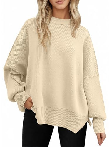 Yutdeng Maglione da Donna Oversize Maglione Girocollo e Maniche a Pipistrello Autunno e Inverno Manica Lunga Elegante Magliones Lavorato a Maglia con Spacco Laterale Pullover,Beige,M