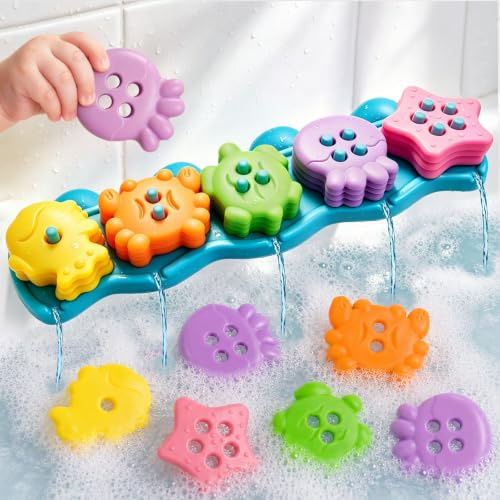 Baby Bath Toys for 1 2 3 4 Year Olds Toddler Kids - Mould Free Sorting & Stacking Bath Toy Set, No Hole No Mould Color & Shape Sorter Bathtub Toy and Mesh Bag Early Learning Sensory Toys for Toddler