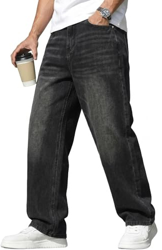 Muwodkdn Jean Baggy Homme Jeans Skater à Jambe Large Y2K Streetwear Vintage Mode Jeans Droite Loose Fit Pantalon en Denim avec Poches Hip-Hop Pants Décontracté Noir S