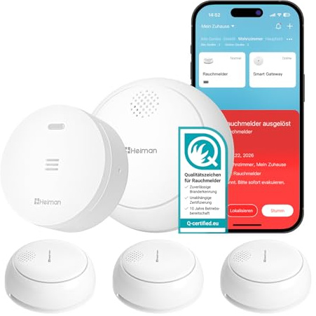 Heiman Rilevatore di Fumo Smart – Set da 3 con Gateway e Controllo tramite App, Batteria 10 Anni, Q-Label e EN 14604, Rilevatori di Fumo Wireless Interconnessi con Supporto Magnetico, Bianco