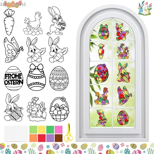 HGRGHH 12 Piezas Pascua Manualidades Pegatina Ventana para Niños, Kit de Manualidades de Papel de Pascua, Decoración de Ventanas, Decoraciones de Pascua de Primavera DIY, Conejo, Huevos, Mariposa -A